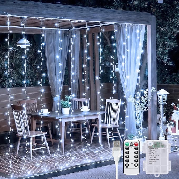 JMEXSUSS 200 LED Fairy Curtain Lights Battery Operated & USB Plug in - Remote Curtain String Lights for Bedroom with 8 Modes, Waterproof Window Lights Outdoor for Backdrop Wedding Party Decor, White