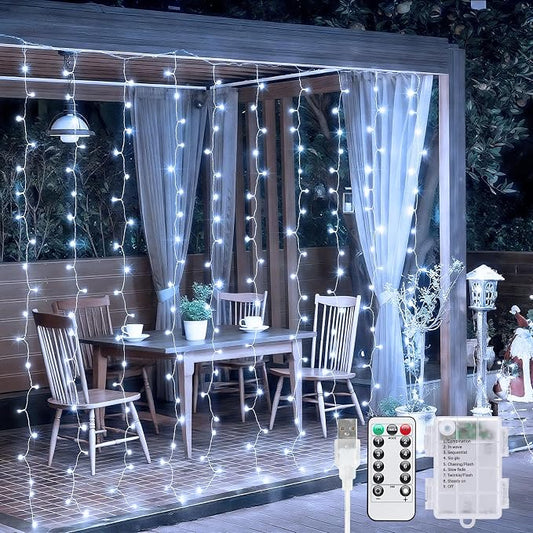 JMEXSUSS 200 LED Fairy Curtain Lights Battery Operated & USB Plug in - Remote Curtain String Lights for Bedroom with 8 Modes, Waterproof Window Lights Outdoor for Backdrop Wedding Party Decor, White