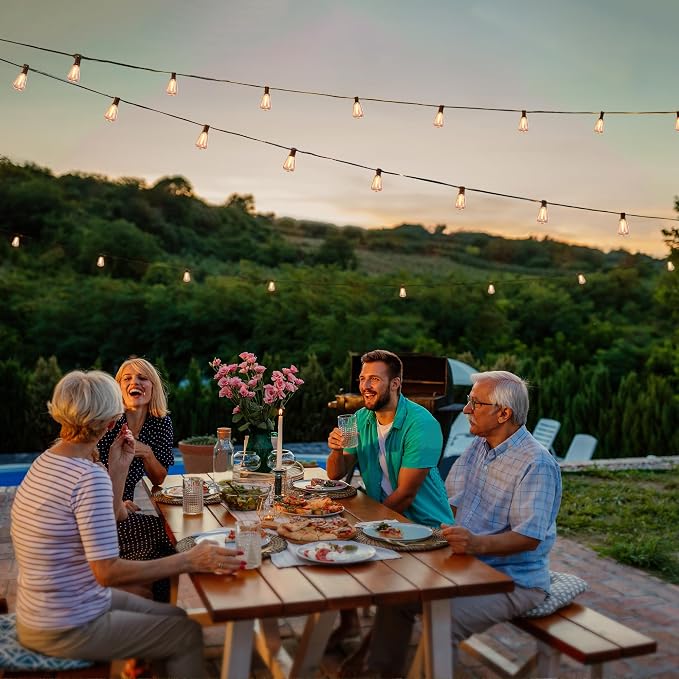 BLIATLUS 55FT Solar String Lights Outdoor Waterproof with Remote Control 15+2 Shatterproof LED ST38 Bulbs for Porch Garden Market Bistro Patio Backyard Fence