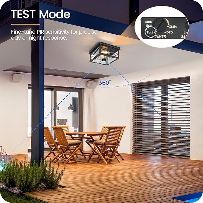 Infrared Sensor Outdoor Ceiling Light, Flush Mount Motion Sensor Ceiling Light, 2-Light Black with Ripple Glass, Bulbs Not Included, 4 Modes, for Porch, Garage, Hallway, Patio,BS07XD05W1