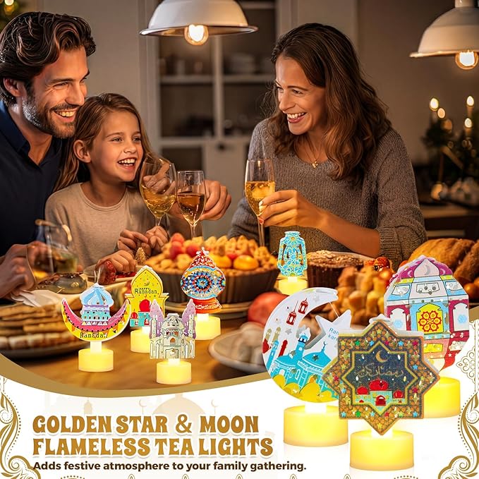 Handepo 15 Pcs Mini Ramadan Lantern Mubarak Tea Light Colorful Eid Flameless Candle with Moon Star Mosque Design LED Battery Operated Ramadan Table Decor Gift for Party Kitchen Home Indoor Outdoor