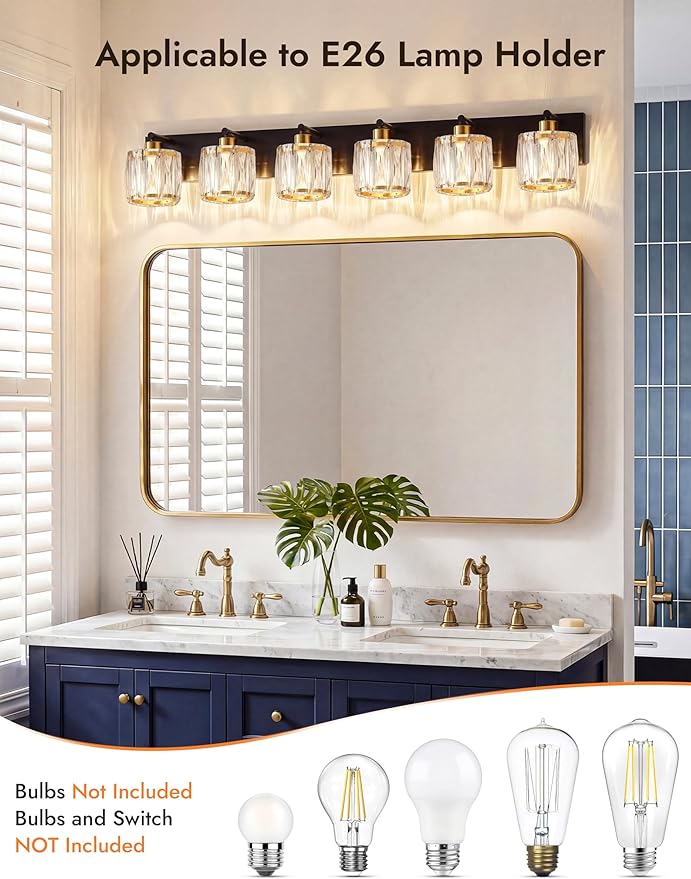 VOLISUN Crystal Vanity Lights for Bathrooms, 6 Light Bathroom Vanity Light, Black and Gold Bathroom Light Over Mirror, Modern Bathrooms Lights Fixtures-UL Certificated(Exclude Bulb)
