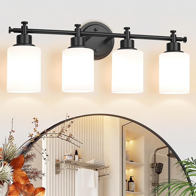 4-Light Bathroom Vanity Light, Black Vanity Lights for Bathroom, Modern Wall Sconce with White Glass Shades, Anti-Rust Vanity Light Fixture over Mirror, 23 Inch (Bulbs Not Included, E26 Base)