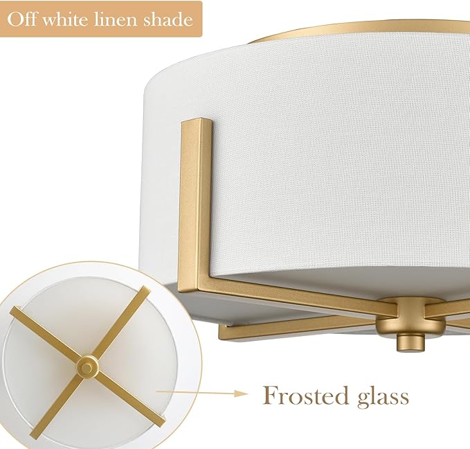 Gold Drum Ceiling Light Fixture with Linen Shade, 2-Light, 15.74"L x 15.74"W x 7.87"H, Warm White, Indoor, Modern, Living Room