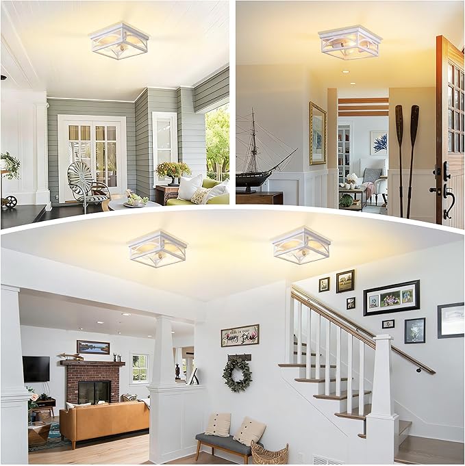 Rustic Flush Mount Ceiling Light Fixture, Farmhouse Close to Ceiling Light Fixture for Hallway Porch Bedroom, Kitchen Lights Ceiling, 1 Pack, White, Hand-Finished Wood-Look