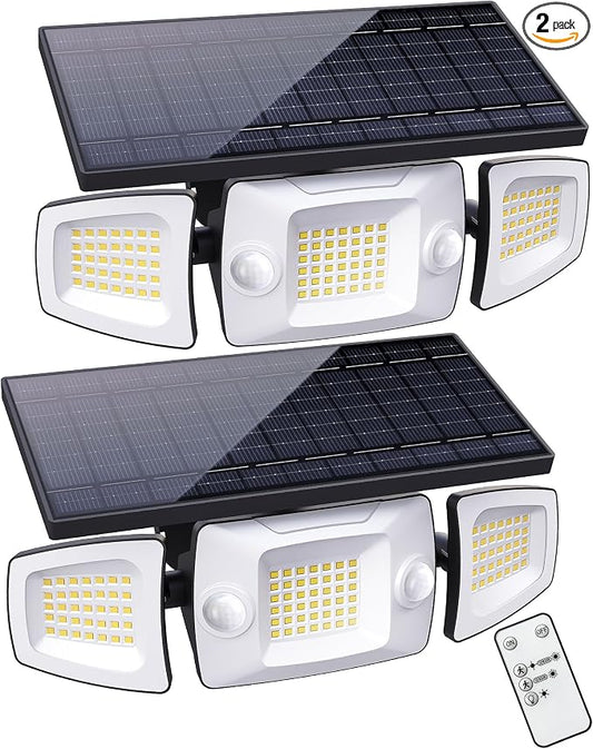 Deepn Solar Outdoor Lights, IP67 Waterproof Solar Flood Lights Outdoor with Dual Motion Sensors, 3 Modes Security Solar Lights Outdoor with Remote, 270° Wide Angle 3 Heads Flood Area Light for Garage