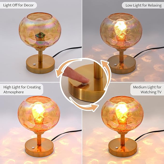 Touch Control Hammered Glass Table Lamp Brass Gold Portable Dimmable Brightness Small Nightstand Light 3-Way Stepless Dimming Bedside Bedroom Living Room (Colorful Amber Glass & Gold)