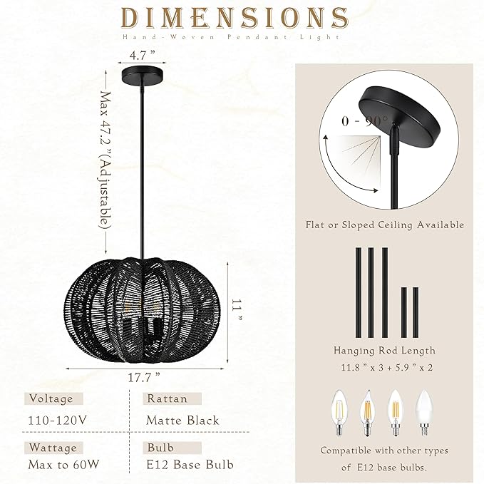 17.7 Inch Rattan Pendant Light Black Hemp Rope Rattan Light Fixture Woven Pendant Wicker Chandelier 3-Light Boho Chandelier for Foyer