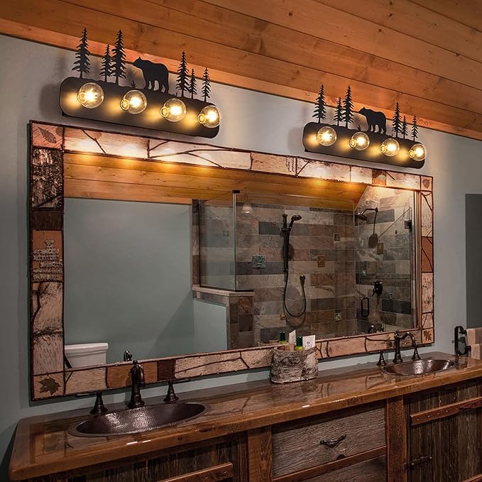 TOCHIC Rustic Bathroom Light Fixtures, 4 Lights Farmhouse Bathroom Vanity Light Over Mirror Dimmable, Western Bear Sconces Wall Lighting for Mirror Cabinets, Powder Room, Living Room, Black, 26”L