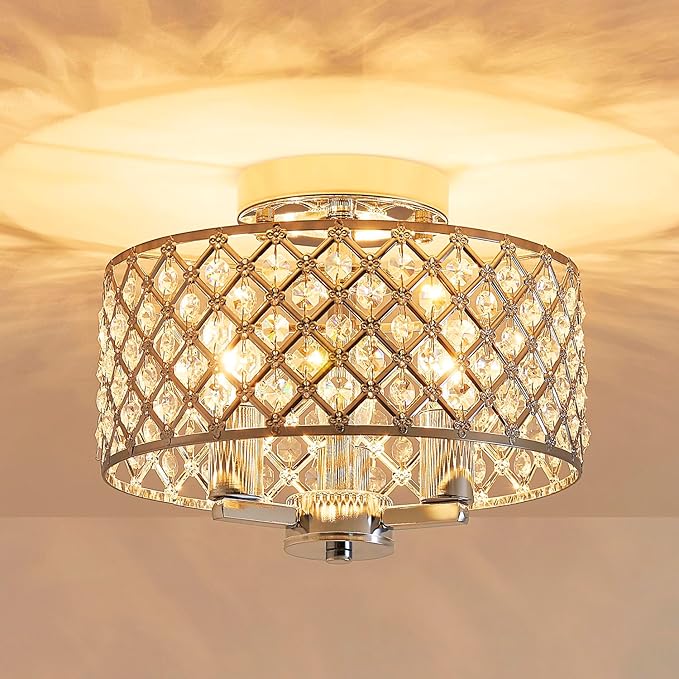 AGV LIGHTING Semi Flush Mount Ceiling Light Fixture, Chrome Ceiling Light Fixture, Siliver Crystal Ceiling Light for Kitchen, 3-Lights