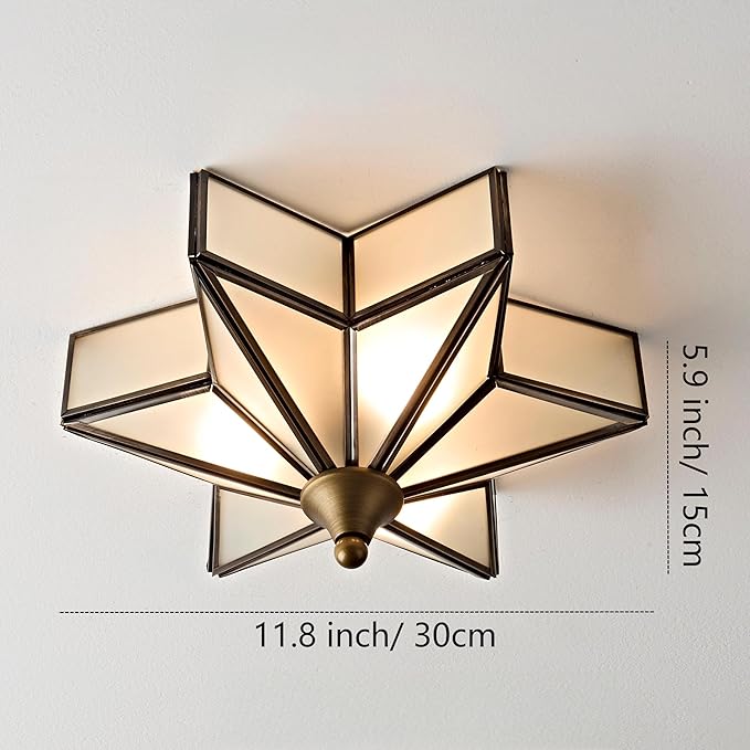 LIGHTLAND 11.8 Inch Flush Mount Star Ceiling Light, 3 Lights Brass Ceiling Lamp with Glass Lampshade, Art Deco Close to Ceiling Light Fixtures for Entryway Hallway Porch, Bronze Color