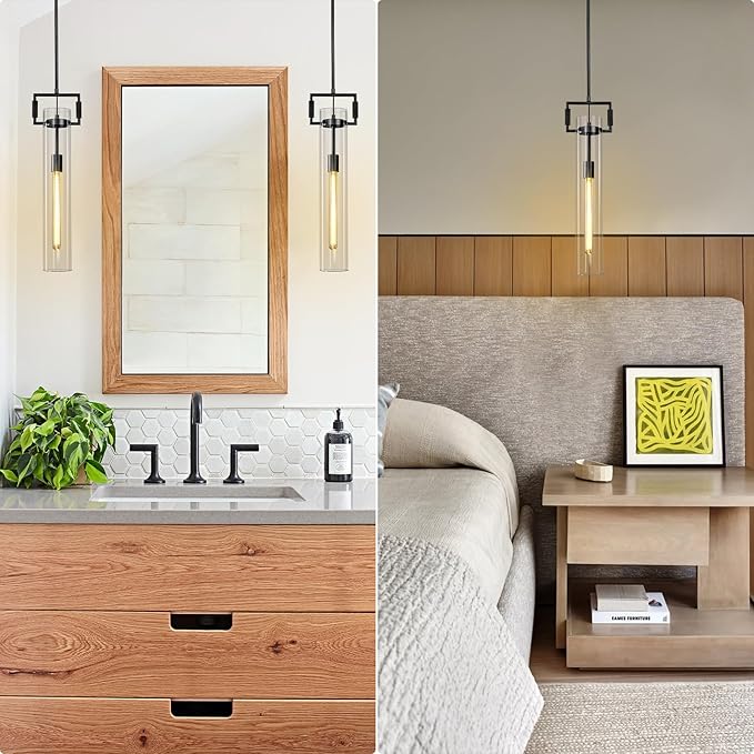Black Pendant Lights,Modern Glass Pendant Lights Kitchen Island 2 Pack,21.6'' Farmhouse Kitchen Pendant Lighting Over Island for Dining Table,Bathroom,Bedroom