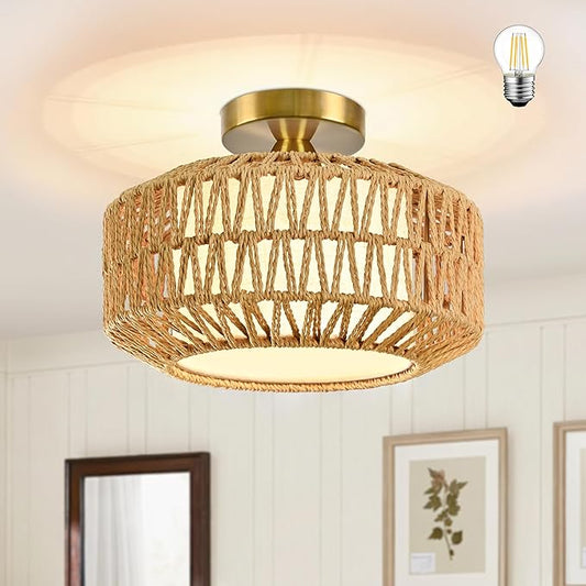 12.6 inch Natural Rattan Ceiling Light Fixture Boho Ceiling Light Hand-Woven Rattan Chandelier Fabric Shade Boho Chandelier for Dinning Room Kitchen (Bulb Incl.)