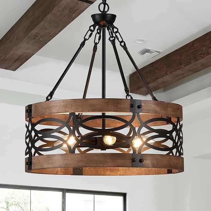 6-Light Farmhouse Drum Wood Pendant Light,19.7'' Vintage Rustic Brown Oak Wood Chandeliers,Retro Industrial Hanging Light Fixtures for Dining Room Entryway, Bedroom