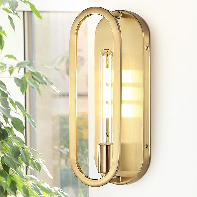 JONATHAN Y 14.25" Brass Gold LED Wall Sconce, 1-Light Mid-Century Lamp for Bathroom Vanity, Bedroom, Hallway, Dimmable Bohemian Metal Fixture, LED Bulb Included JYL9917A