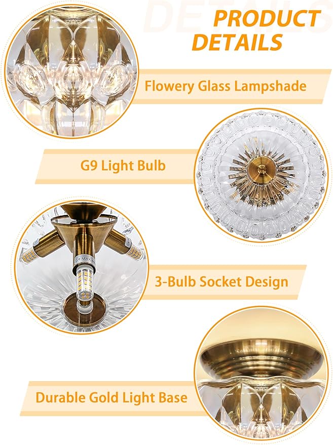 Semi Flush Mount Ceiling Light,11IN Vintage Gold Hallway Lights Fixture,3-Bulb Globe Clear Glass Close to Ceiling Light for Bathroom, Hallway, Dining Room,Bulb Not Included