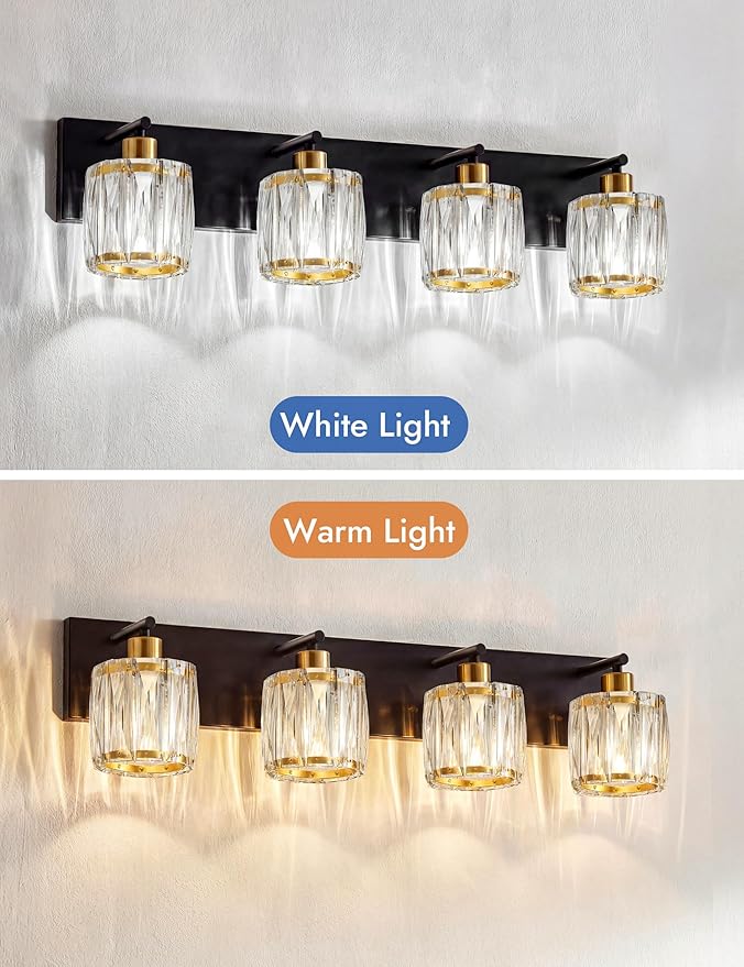 VOLISUN Crystal Vanity Lights for Bathrooms, 4 Light Bathroom Vanity Light, Black and Gold Bathroom Light Over Mirror, Modern Bathrooms Lights Fixtures-UL Certificated(Exclude Bulb)