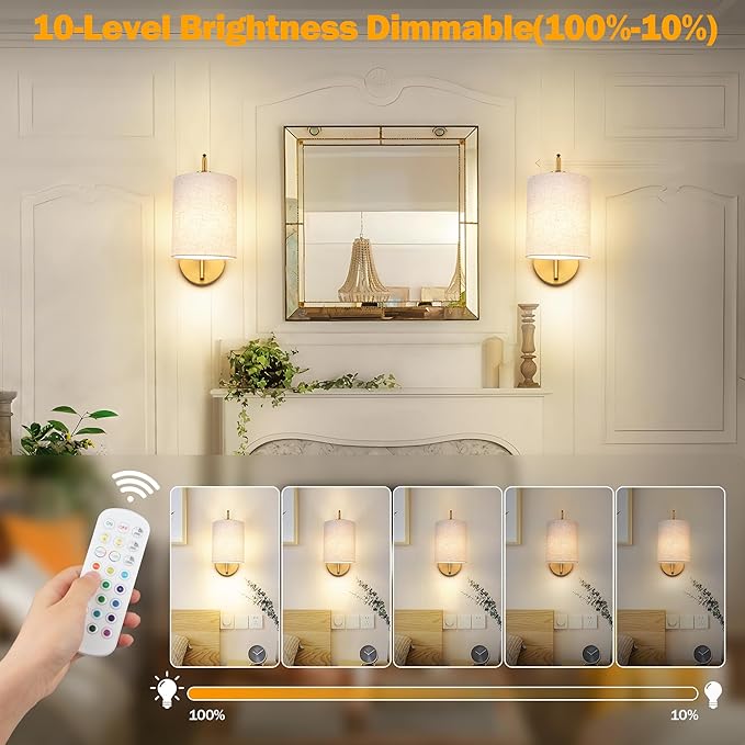 MATAMEYE Battery Operated Wall Sconce Set of 2, Gold Rechargeable Dimmable Wall Light Fixture Remote, 12 RGB Colors & Timer, Wireless Lamp Linen Shade