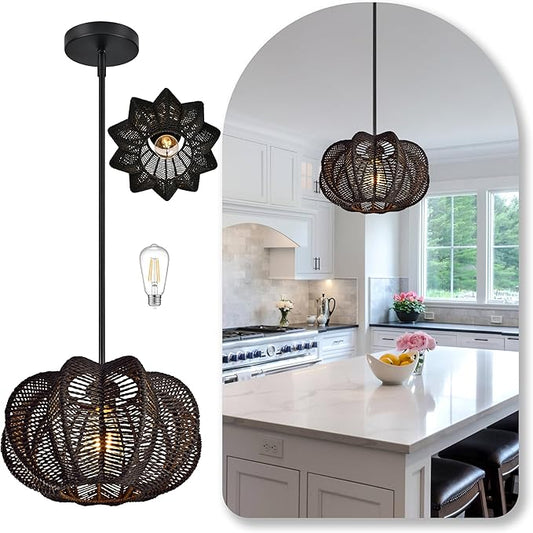Black Rattan Pendant Light 12.6 in Rattan Light Fixture Wicker Chandelier Woven Pendant Light Boho Chandelier for Foyer