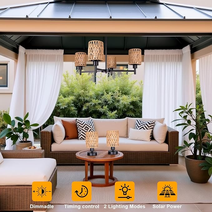 Solar Chandelier Outdoor, 4-Light 28" Hanging Pendant Lights, Rattan Waterproof Dimmable, Outdoor Chandelier for Gazebo, Pergola, Porch, Patio