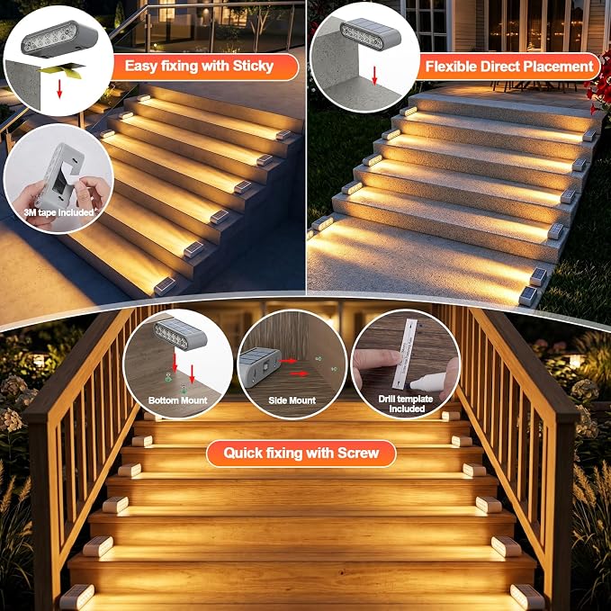 Solar Stair Lights 12 Pack, Solar Step Lights Outdoor Waterproof IP67, LED Solar Powered Lighting for Steps, Stairs, Deck, Dock, Patio, Walkway, Front Porch Decor