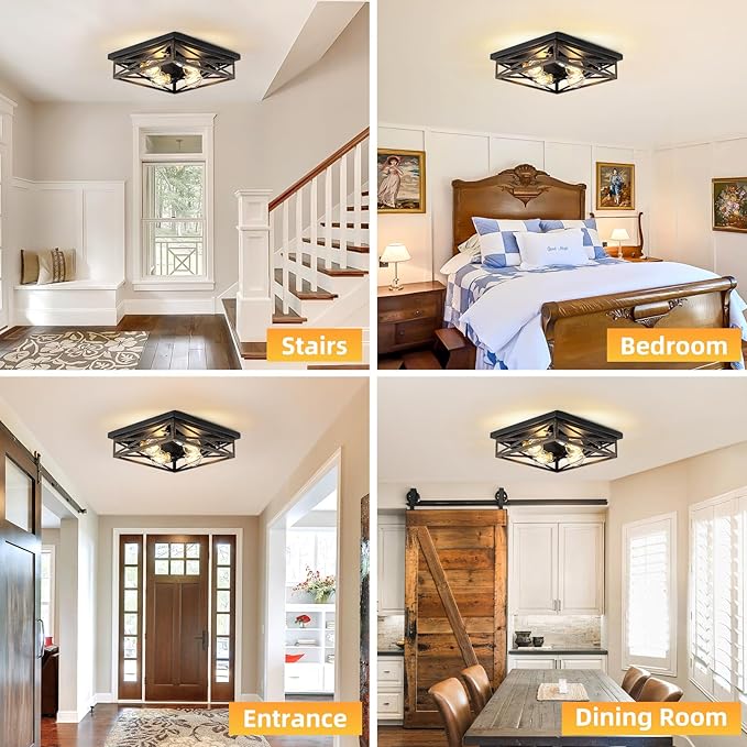 2 Pack Flush Mount Ceiling Light, Modern Farmhouse Light Fixture,Industrial Square Metal Cage Ceiling Light for Kitchen, Hallway E26 Base(13in)