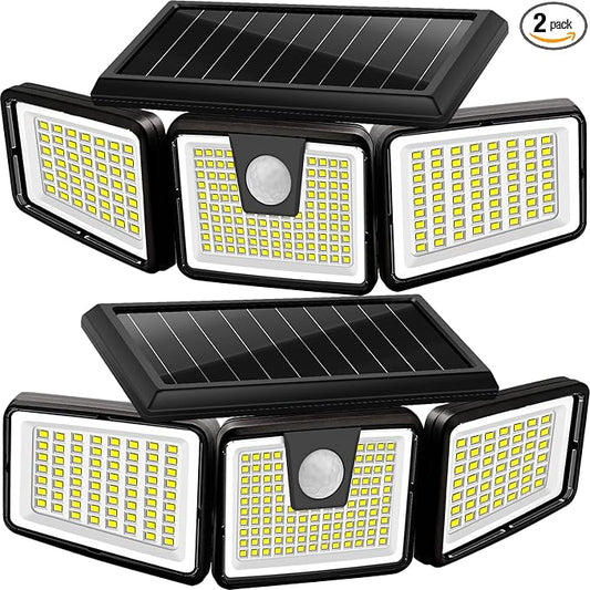 AmeriTop Solar Lights Outdoor, 2 Pack 233 LED High Brightness Cordless Solar Motion Sensor Lights; 3 Adjustable Heads, 270° Wide Angle Illumination, IP65 Waterproof, Security LED Flood Light(Daylight)