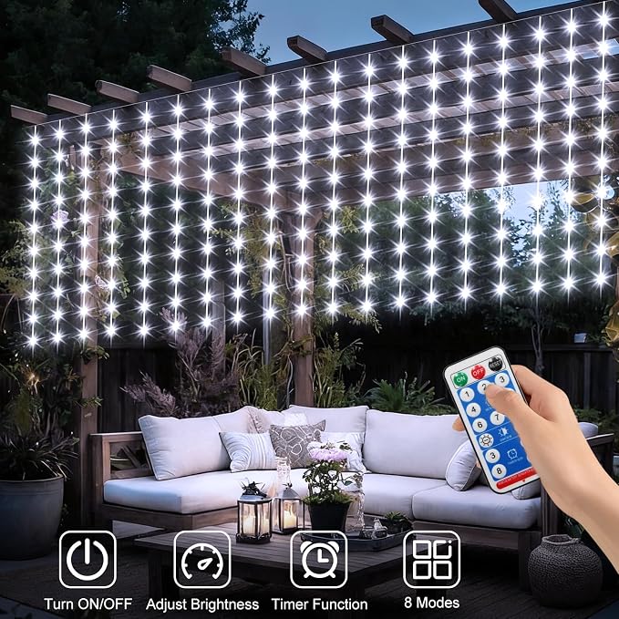 DBFAIRY Solar Curtain Lights 300 LED Outdoor Curtain Lights Waterproof | 19.6 x 3.9ft Solar Twinkle Curtain Lights with Remote Timer Dimmable for Garden Party Wedding Decór, Cool White