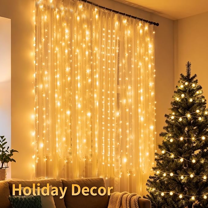2 Packs LED Curtain String Lights 8FT * 7FT Plug in Waterproof Window Fairy Lights with 210 LEDs, Twinkle Indoor String Light for Bedroom Wedding Party Outdoor Christmas Decor, Warm White