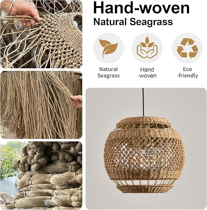 15.75" Rattan Pendant Light 3-Light Boho Seagrass Hanging Light Hand Woven Water Plants Rattan Chandelier for Dining Living Bedroom Kitchen Farmhouse