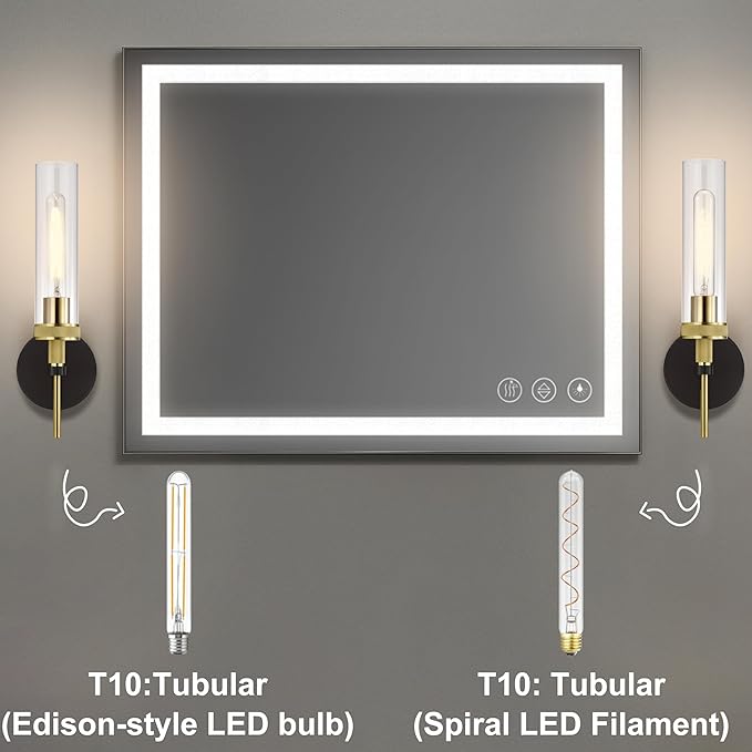 LaLuLa Black and Gold Bathroom Light Fixtures Over Mirror, Wall Sconces Set of 2 with Knurled Texture, Modern Hardwired Vanity Lights with Clear Glass Tube Shade for Bathroom，Bedroom