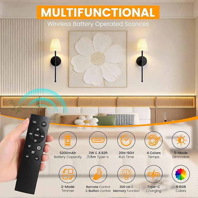 LUTEC Battery Operated Wall Sconce Set of 2,Rechargeable Wall Sconce, 12 Colors Wireless Wall Sconces with 5200mAh RGB Dimmable and Remote,Rechargeable Sconces Decor for Bedroom/Living Room/Hallway