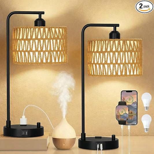 Dimmable Rattan Lamp Set of 2 with Bulbs, Boho Table Lamps with USB Charging Ports and Outlet, Wicker Bedside Lamps for Bedroom Living Room Side Table, Tall Desk Lamp for Bohemian Home Office