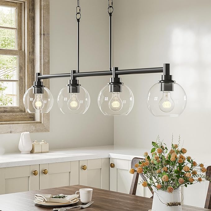 VONLUCE Dining Room Light Fixture Over Table, 4-Light Kitchen Island Lighting with Round Glass Shades & Adjustable Hanging Heights, Linear Chandlier for Dining Room Kitchen, Black, ETL Certificated