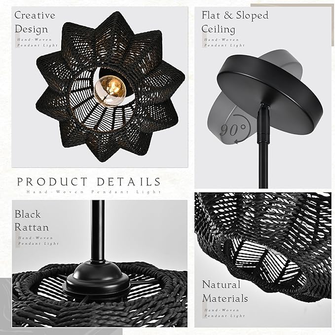 Black Rattan Pendant Light 12.6 in Rattan Light Fixture Wicker Chandelier Woven Pendant Light Boho Chandelier for Foyer