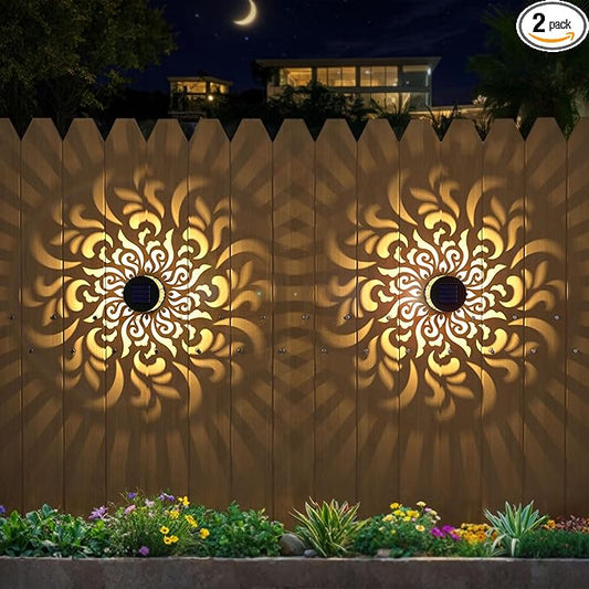 Solar Fence Lights 2 Pack Outdoor Deck Step Wall Lights Metal Waterproof LED Warm Yellow Light for Garden Post Patio Backyard Yard Decor (Mandala-5, 2)