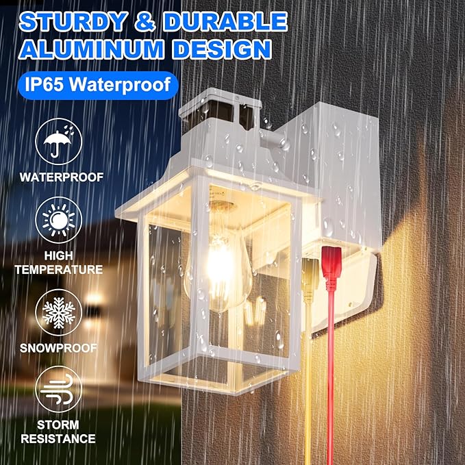 2 Pack White Porch Lights with GFCI Outlet, Dusk to Dawn Motion Sensor Outdoor Lighting, Waterproof Exterior Wall Sconces for House Front Door and Garage