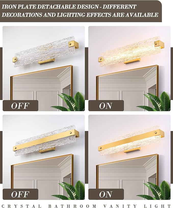 Brushed Gold LED Bathroom Vanity Light, 24.4 Inch 15W Modern Dimmable Bathroom Light Fixture Over Mirror, Crystal Bar Wall Sconce Lighting for Bath, 3CCT, OS-MM5001-3BG