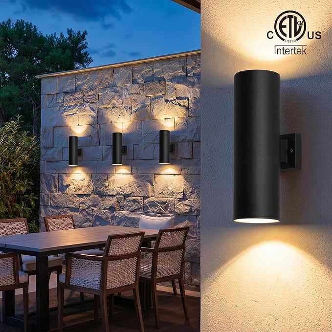 mirrea 18" Modern Outdoor Porch Light Patio Light in 2 Lights with Aluminum Cylinder and Tempered Glass Cover Waterproof Wall Sconce 4 Pack (Matte Black)