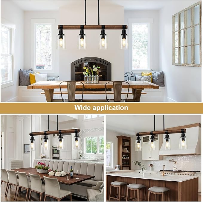 Dining Room Chandelier Over Table, 4-Light Farmhouse Kitchen Island Lighting, Matte Black Rustic Wood Chandelier with Clear Glass Shade, Ceiling Pendant Light Fixture for Kitchen