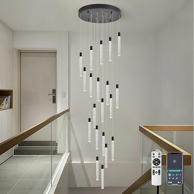20-Light Black High Ceiling Chandeliers Modern Crystal Chandeliers for Entryway Long Spiral LED Dimmable Chandelier Flush Mount Ceiling Staircase Foyer Living Room Ceilings Light Fixture