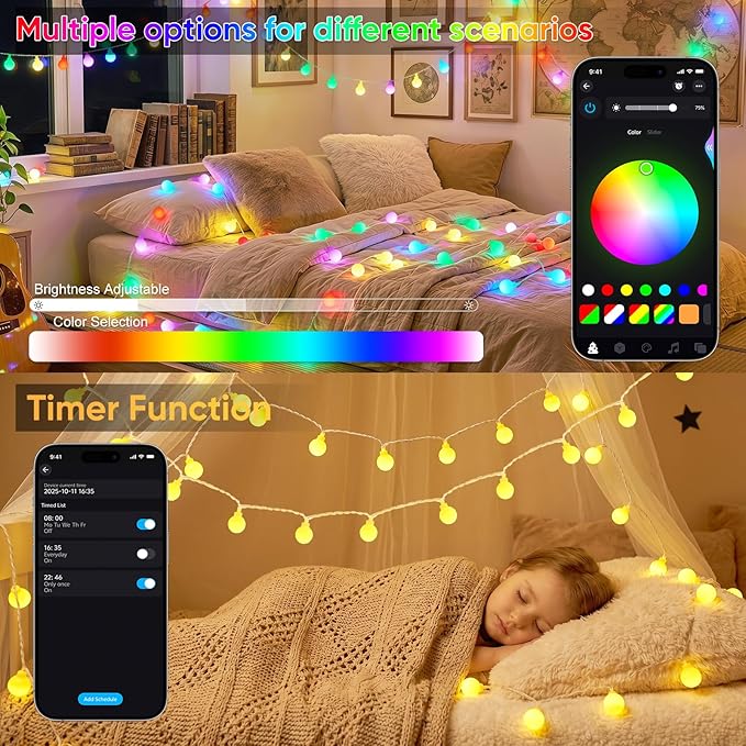 OMIKA 33FT 60 LED Color Changing Globe String Lights, Warm White & Multicolor USB Powered Smart Fairy Lights, APP & Remote Control, Music Sync, 100+ Dynamic Mode for Dorm, Classroom, Room Decor