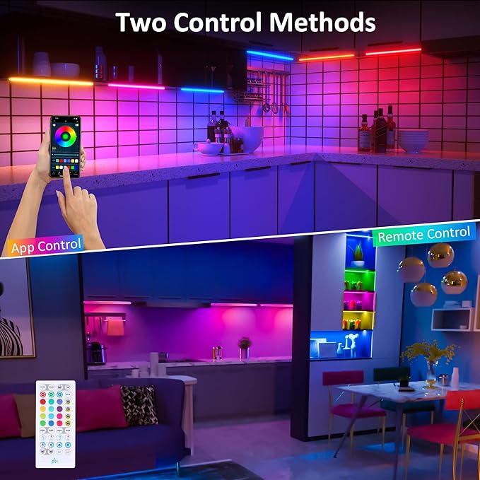 Benreom 3 Pcs RGB Under Cabinet Lights Kit, Smart App and Remote Control Under Cabinet Lighting, Dimmable Under Counter Lights for Kitchen, Plug in LED Lights Bar for Cabinet, Counter, Workbench, Desk
