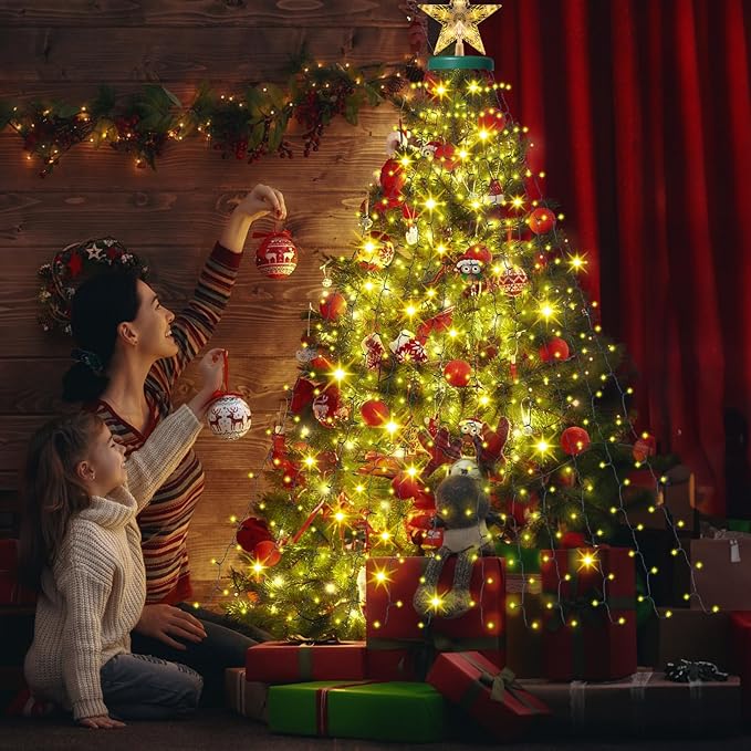 Christmas Lights with Star Topper, 410LED String Lights with Ring for Tree, 6.6FT x 16 Lines Fairy Lights with 8 Modes for Indoor Outdoor Xmas Decor, Warm White
