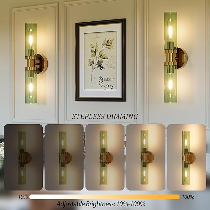 Rayogale Rechargeable Battery Wall Sconce Set of Two, 10000mAh Cordless, Dimmable, Type-C Charging for Living Room, Bedroom Gold with Green Lampshade (Include 4 Special Bulbs)
