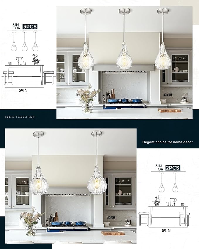 TENGXIN Mini Hanging Light 6 Inch,Kitchen Pendant Lighting Over Island,Brushed Nickel Finished Striped Glass Pendant Light,Farmhouse Pendant Light for Dining Room,Bedroom