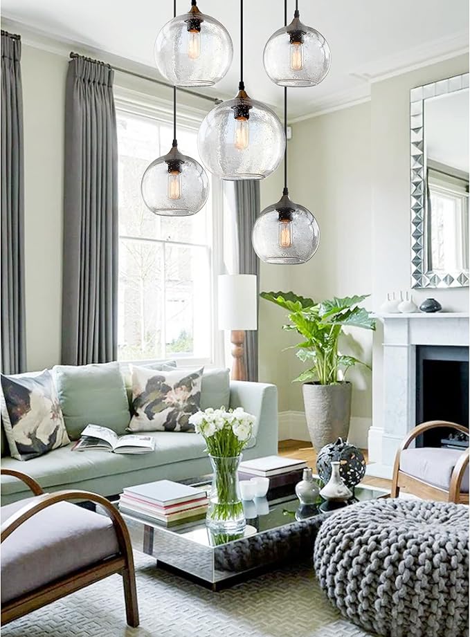 ARIAMOTION Glass Cluster Chandelier 5-Lights Pendant Lights Modern Rustic Seeded Bubbles Globe Ceiling Hanging Fixtures Entryway Hallway Dining Living Room Stair Group Lamp 7-9 Inch Diam