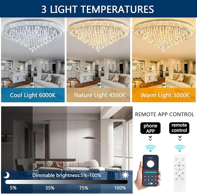 53.7" Modern Chandeliers LED Dimmable Crystal Flush Mount Ceiling Chandeliers for Living Room High Ceiling Entrance Foyer Lobby Bedroom Silver