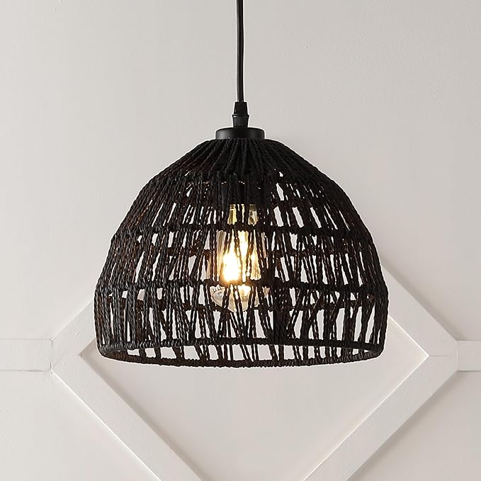 JONATHAN Y 10.25" Black Modern Bohemian Woven Rope LED Pendant Light Fixture, Adjustable Dome Ceiling Lamp for Kitchen Island, Rope Shade, Coastal Farmhouse Decor (JYL6513B)