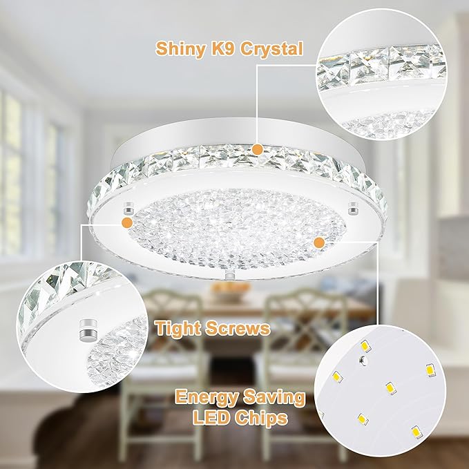 Crystal Flush Mount Ceiling Light 3000/4000/5000K Modern Crystal Light Fixtures Ceiling Mount for Bathroom Hallway Porch Laundry Room Cloakroom 11", LED, Dimmable